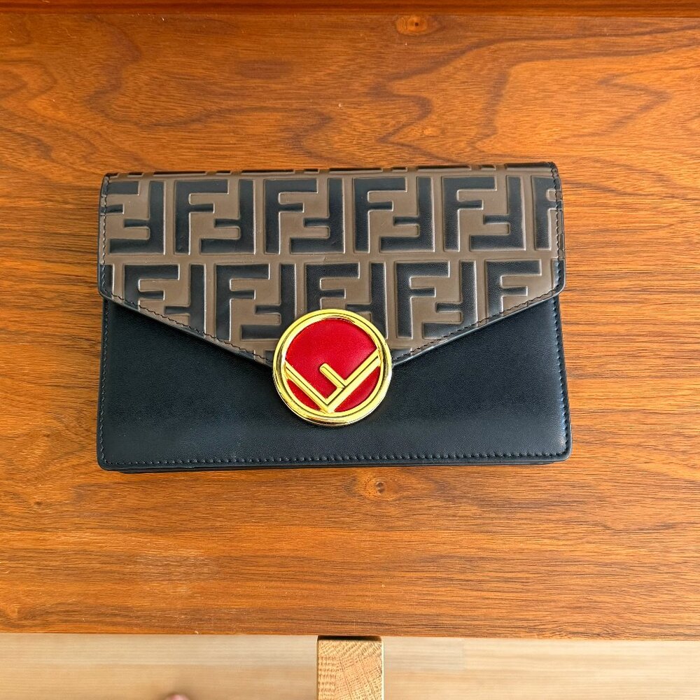 Fendi Zucca Brown Black and Red Wallet on a Chain with Gold Hardware Authentic